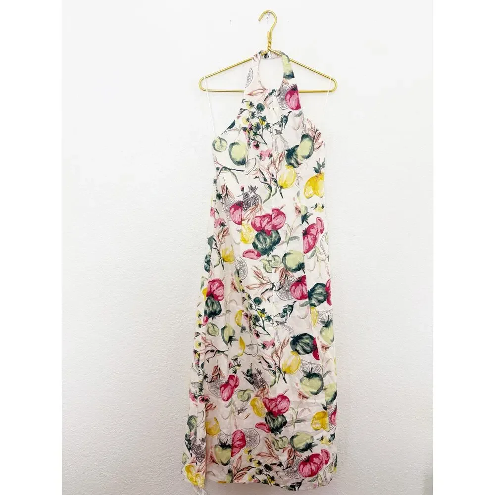 Abercrombie & Fitch Premium Linen High Neck Maxi Dress Size LP Vegetable Print